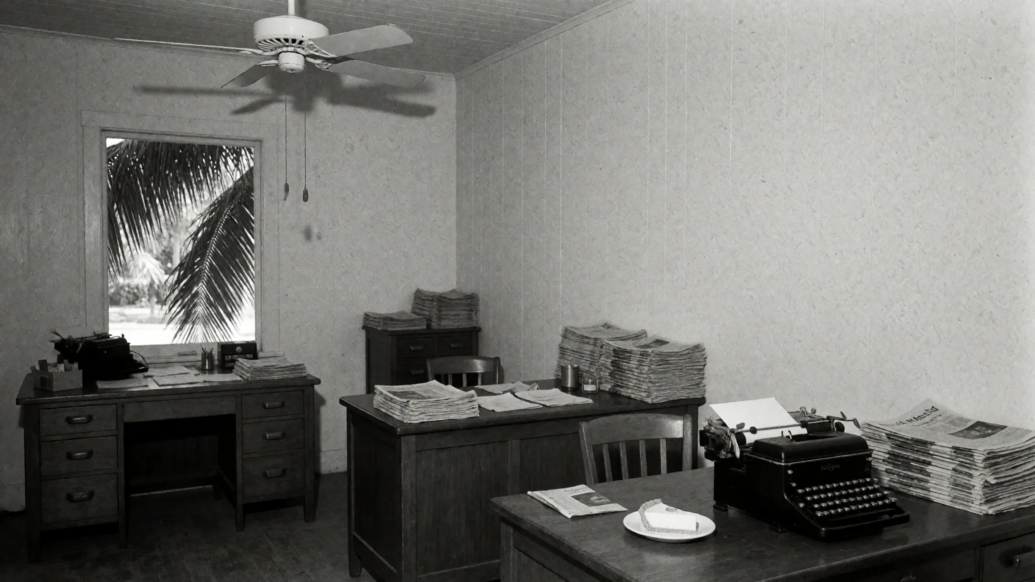A vintage Key West newsroom with a typewriter, stacks of papers and a slice of key lime pie (illustration generated for OMG)