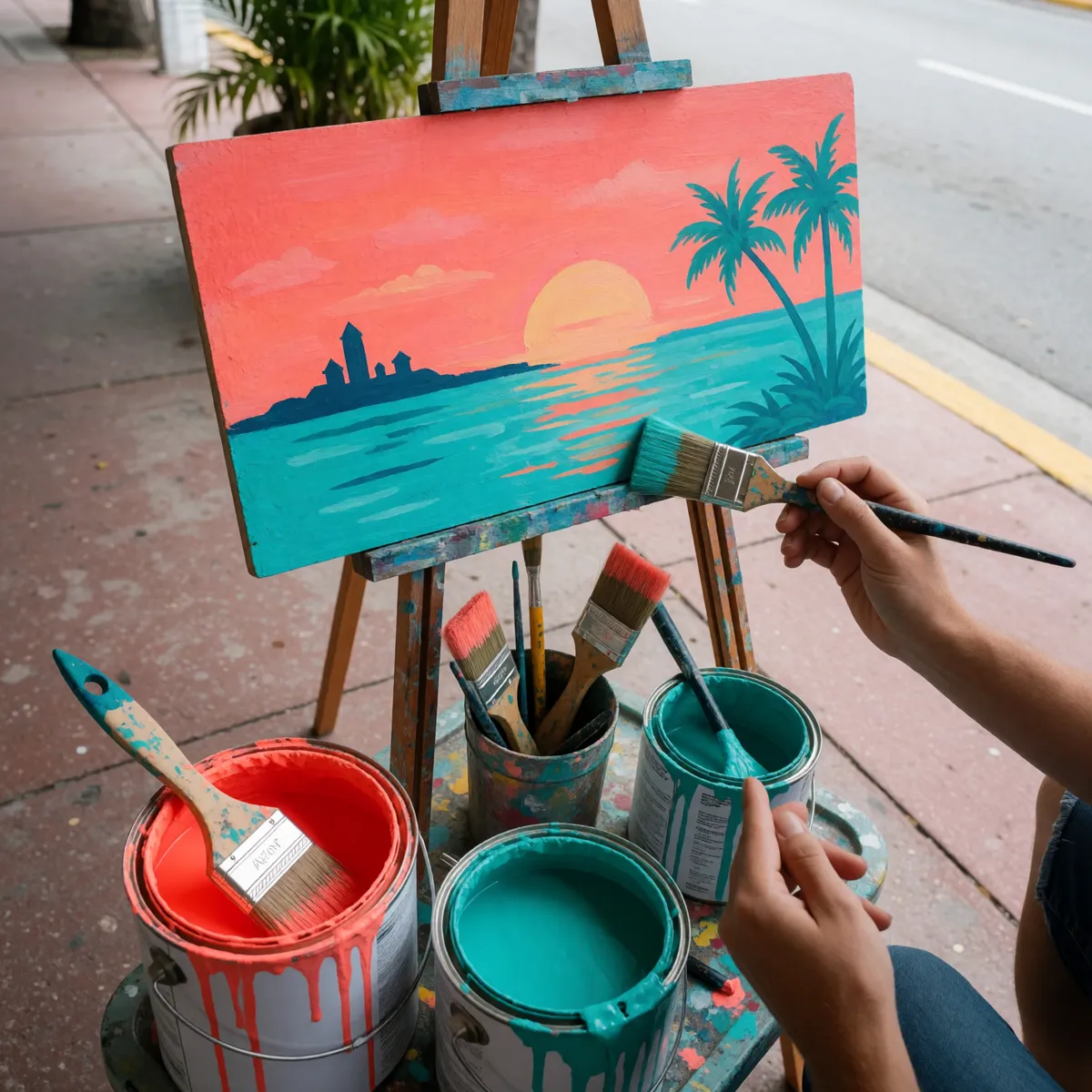 A hand painting a sunset sign on an easel, paint cans alongside (illustration generated for OMG)