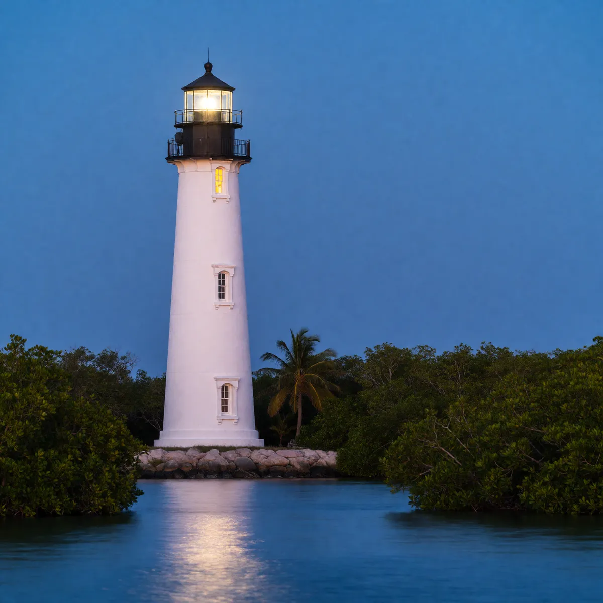 A white lighthouse at blue hour (illustration generated for OMG)