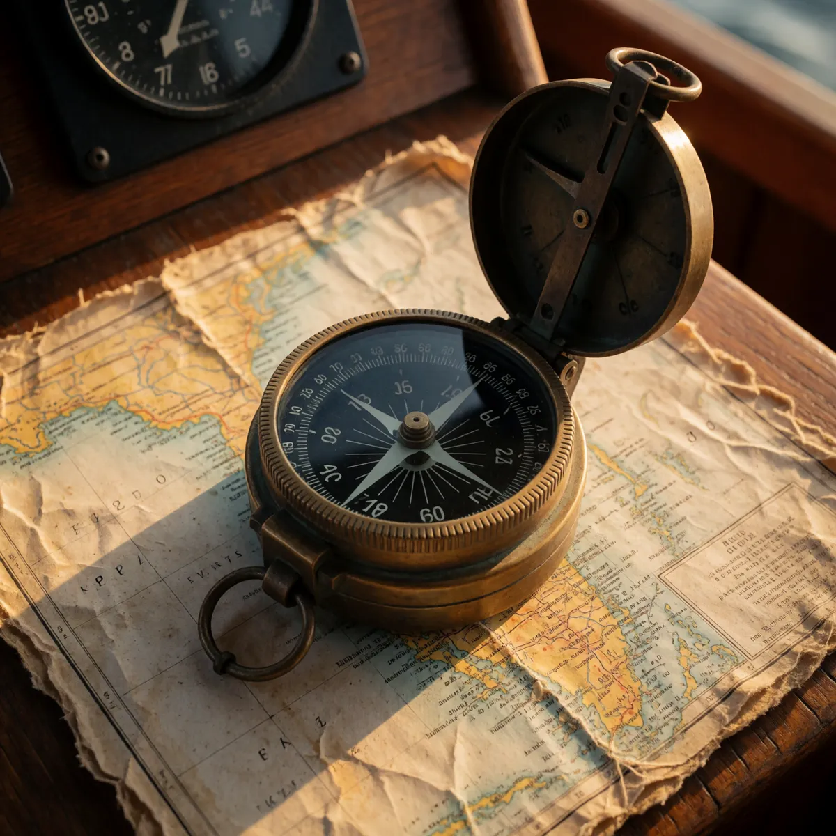 Brass compass on a Florida Keys chart (illustration generated for OMG)