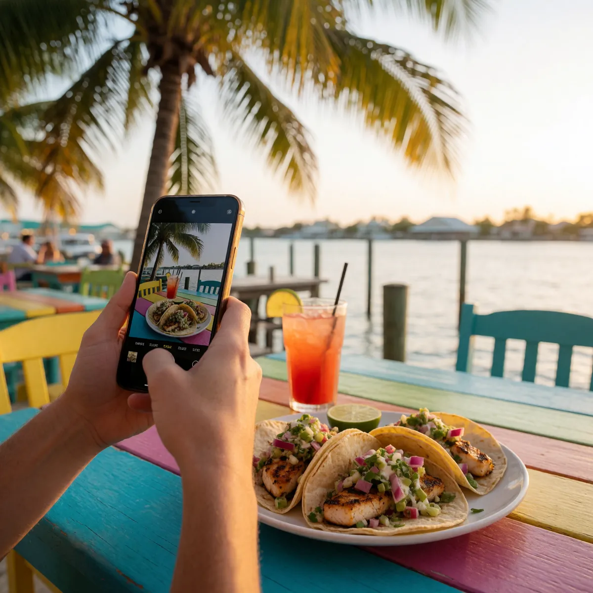 A phone filming fish tacos at a waterfront table (illustration generated for OMG)