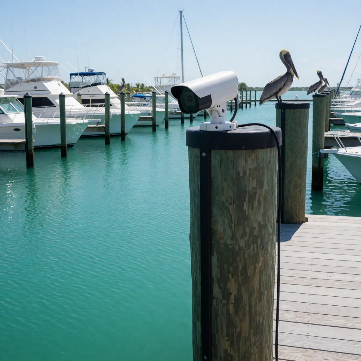 Camera on a dock piling over a marina, illustration generated for OMG