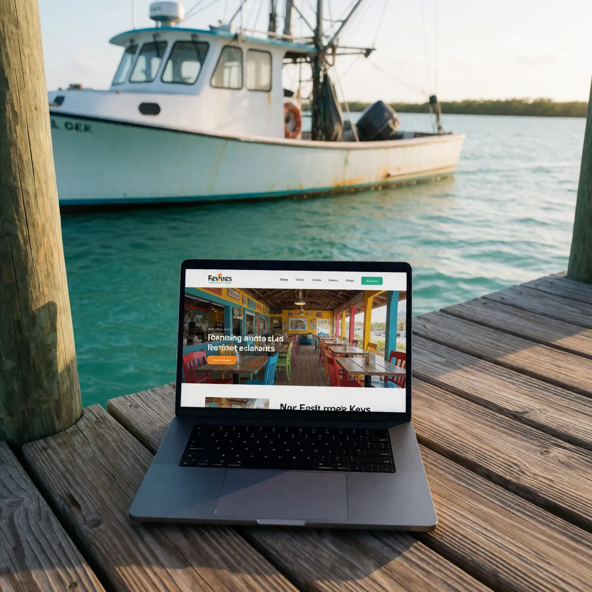 A laptop showing a restaurant website on a Keys dock (illustration generated for OMG)