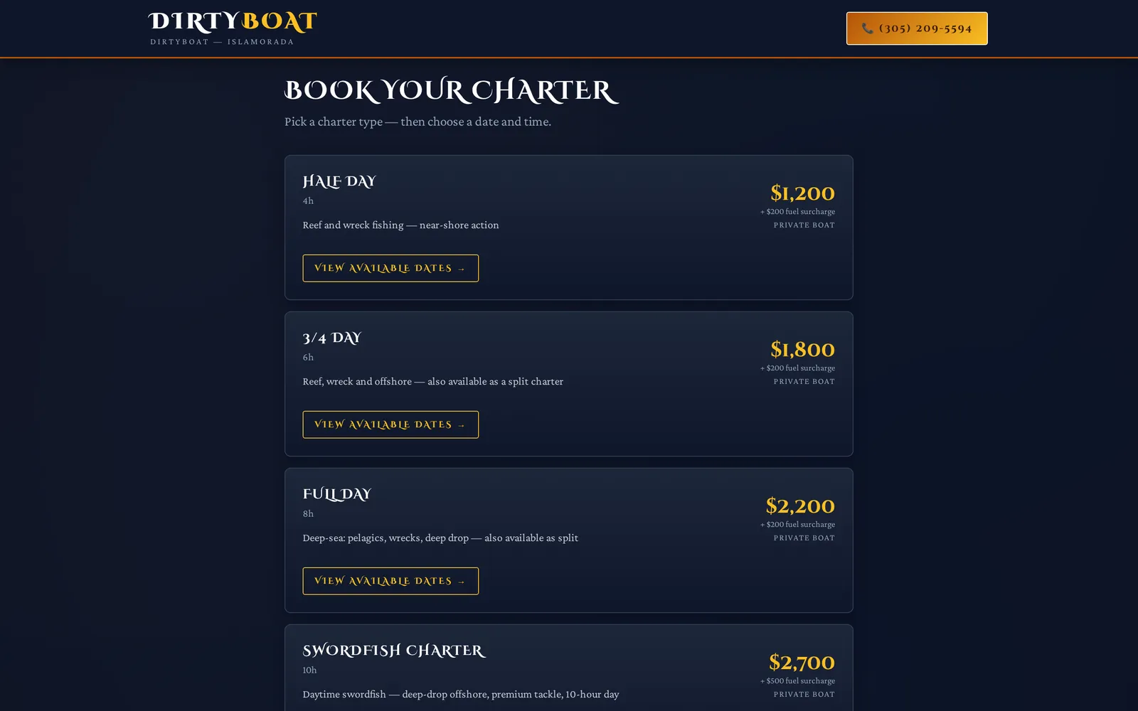 DirtyBoat booking page listing half day, three-quarter day, full day and swordfish charters with prices