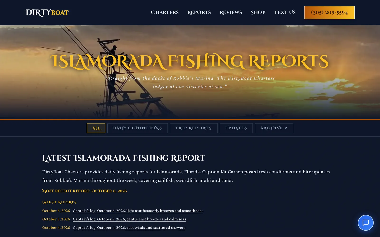 DirtyBoat Islamorada fishing reports page with the latest captain's logs