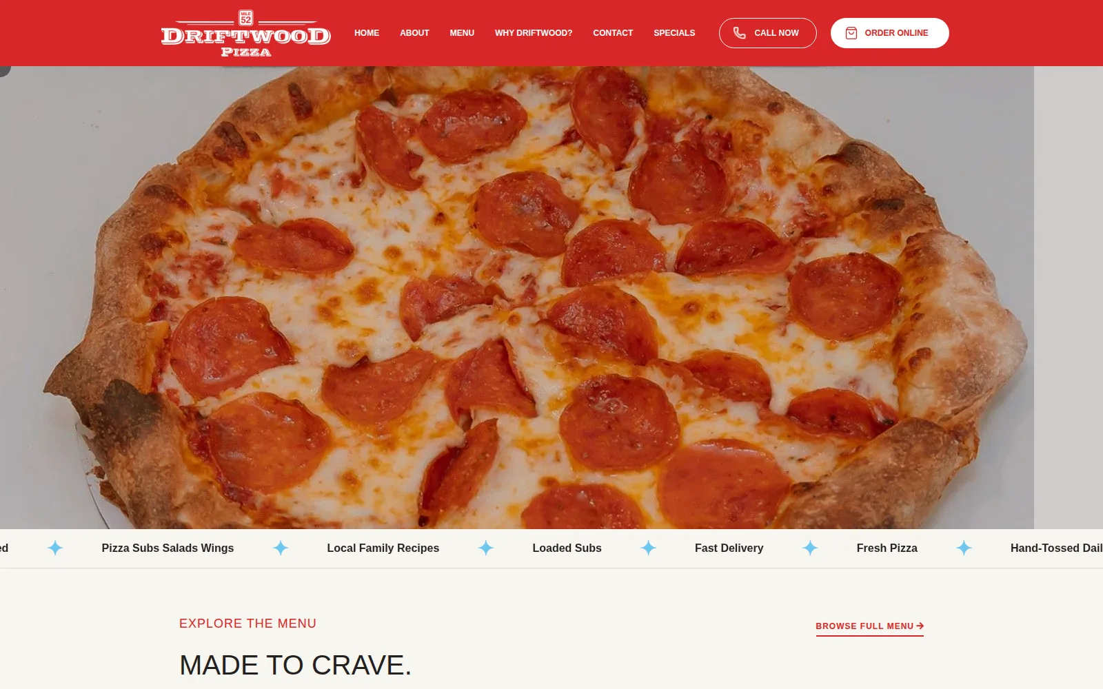 Driftwood Pizza website as published in the OMG portfolio