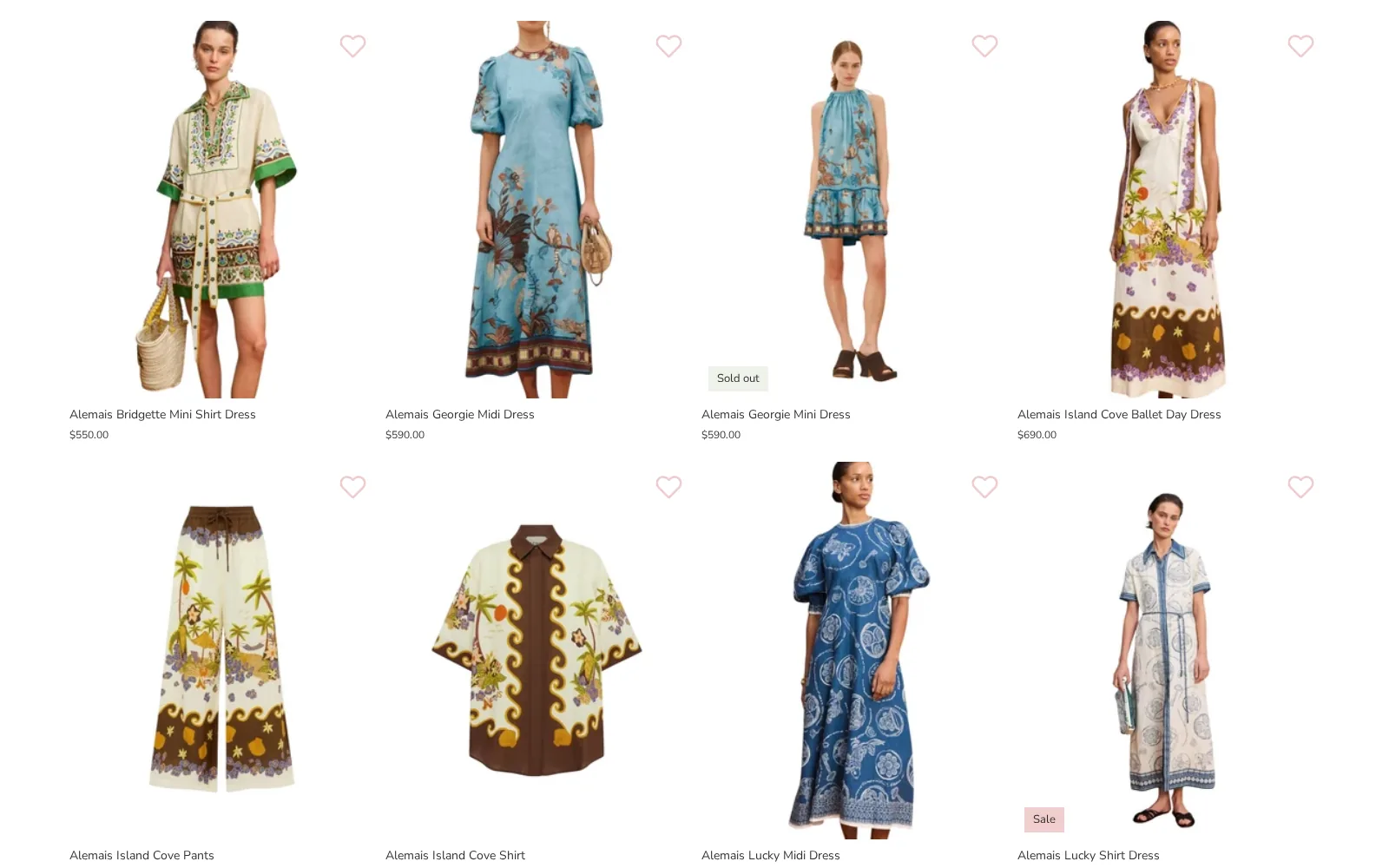 The Float Key West storefront catalogue: two rows of designer dresses, shirts and trousers with names and prices