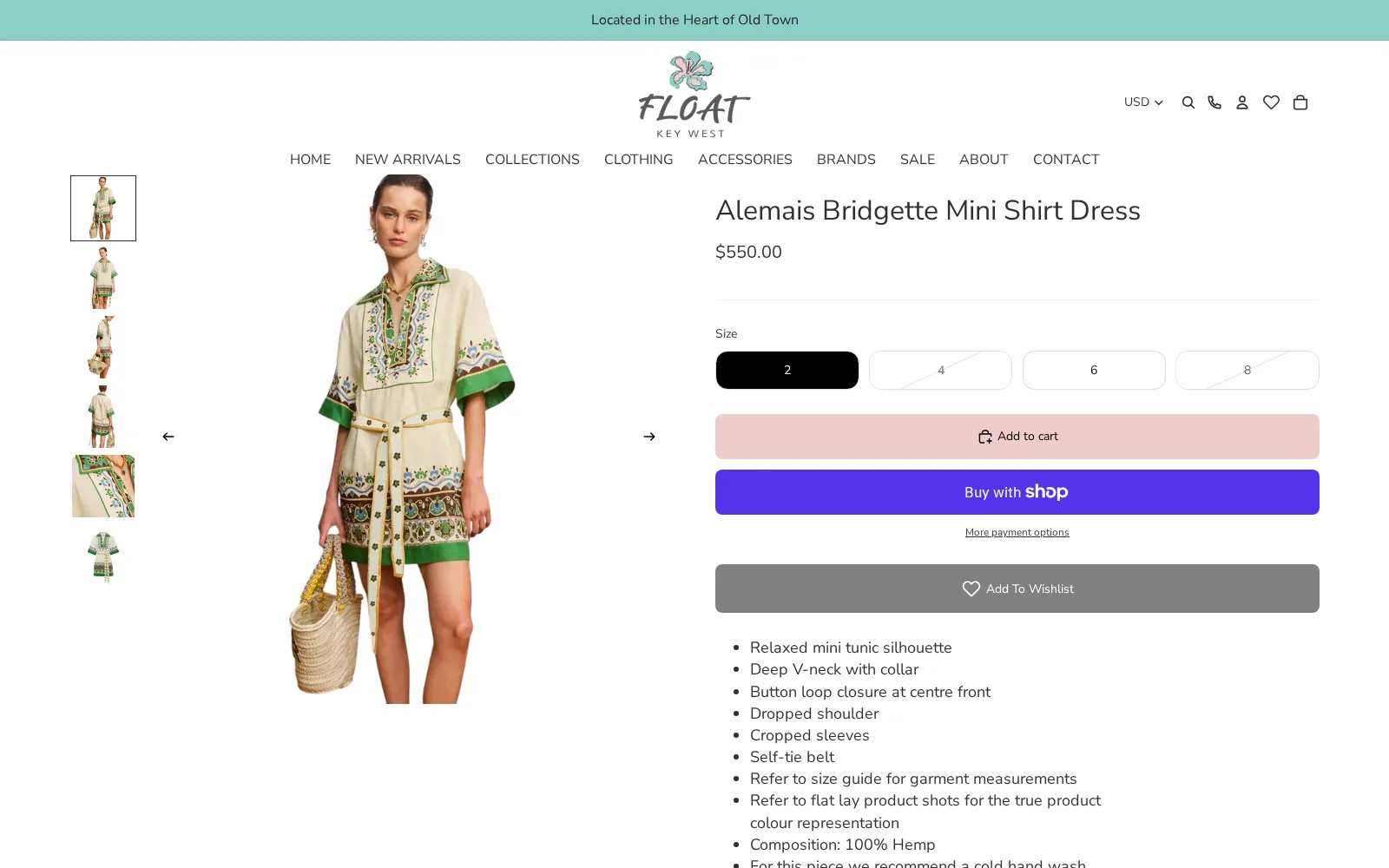 A Float Key West product page: gallery thumbnails, model photograph, price, size picker, add to cart and Buy with Shop buttons